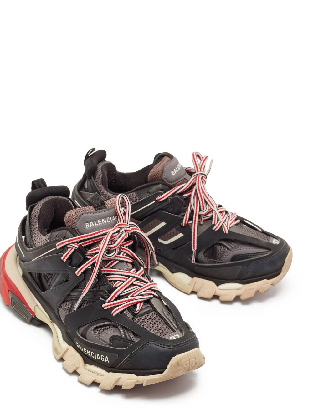 Balenciaga Black and Gray Track-Inspired Chunky Sneakers with Red/White Laces